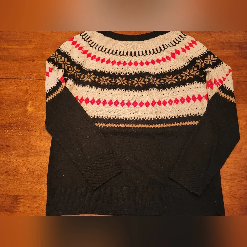 Talbots Fair Isle Wool Blend Sweater Black W Multi-Color L Holiday Cabincore - Picture 9 of 9